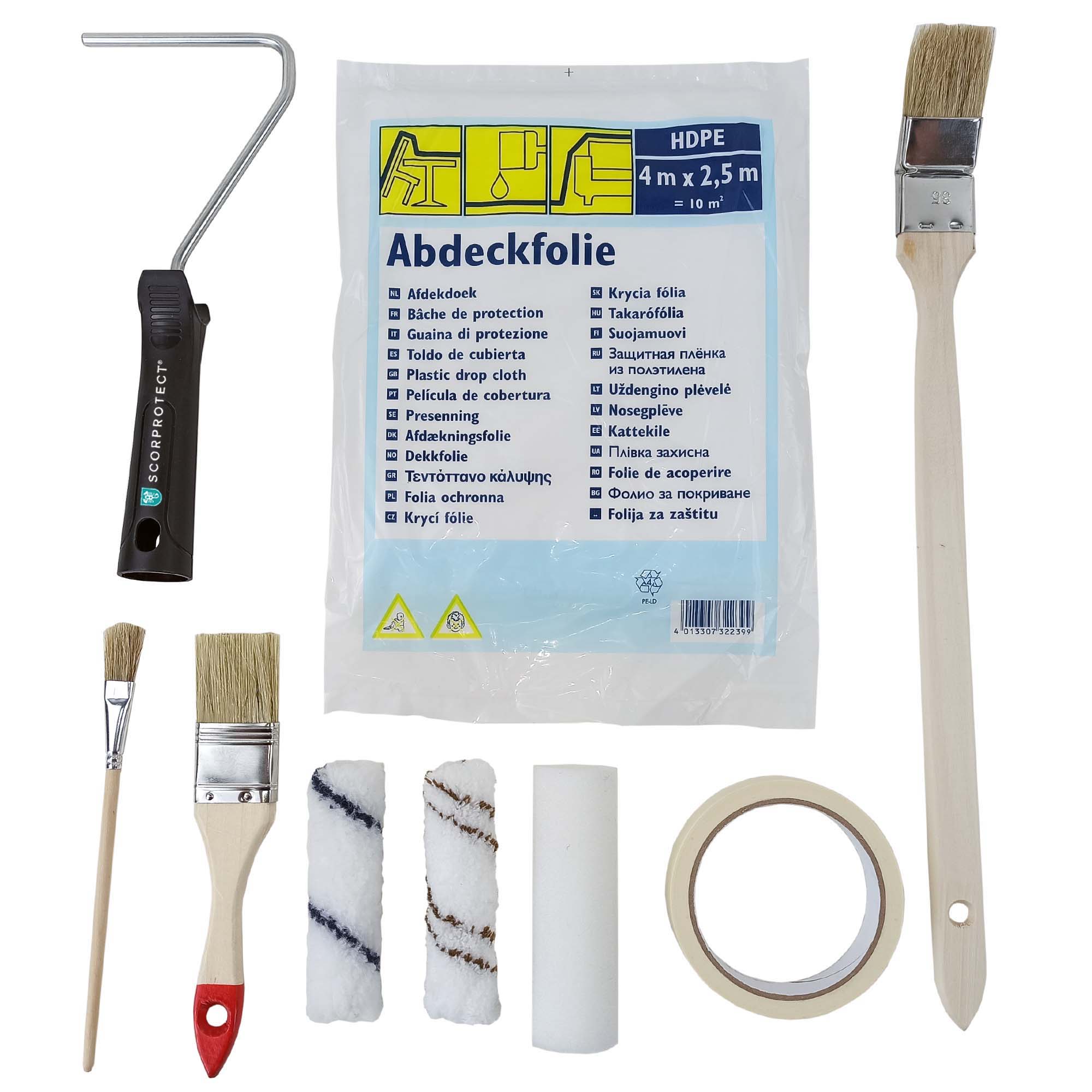 Scorprotect® Profi-Renovier-Set 9-teilig für Malerarbeiten mit Farbroller, Walzen, Pinsel, Folie & Kreppband